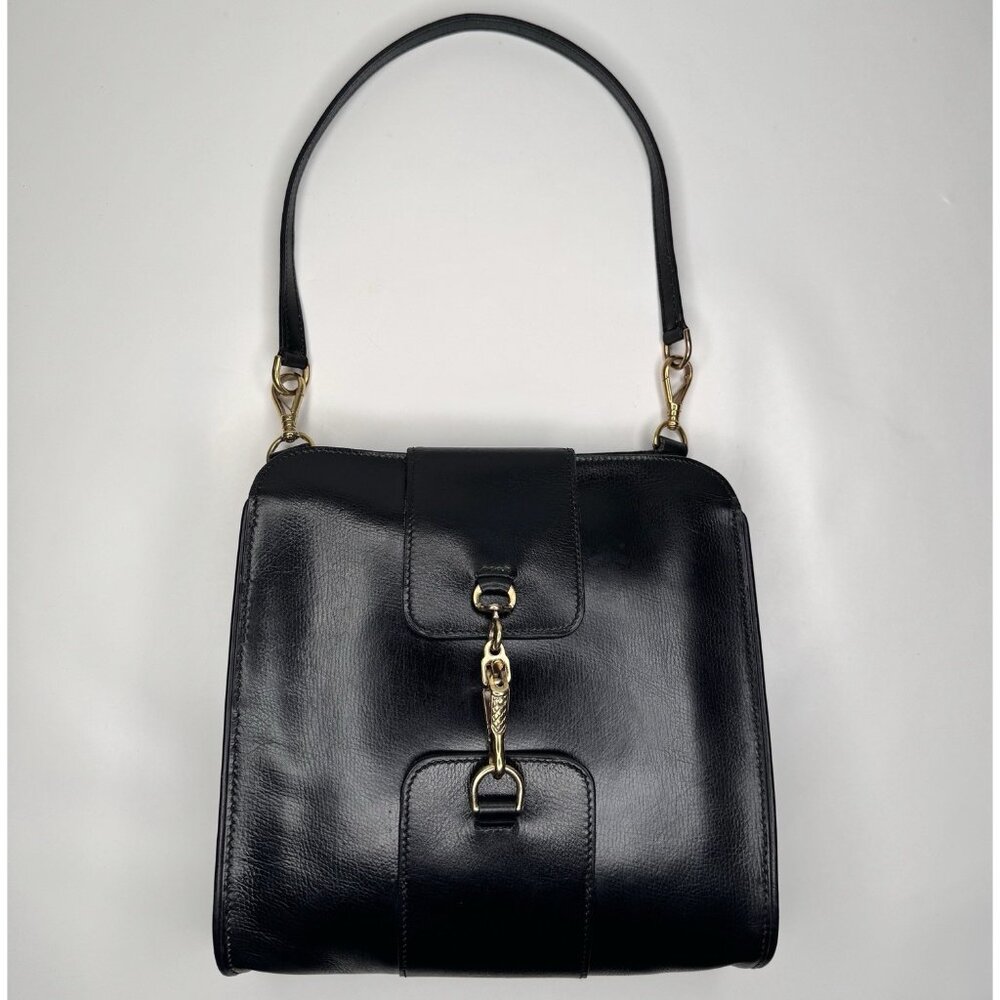 Hermes Vintage 70s Small Bag Black Leather Gold Shoulder Purse